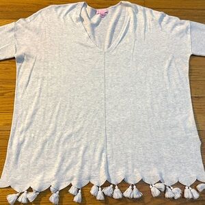 Lilly Pulitzer Medium Martine light,v-neck, gray sweater scallop hem, tassels